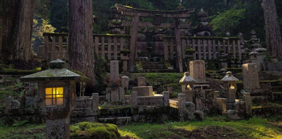 mossy cemetery in the forest in Japan with sunrays filtering through the trees