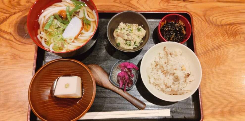 Buddhist food found on Mount Koya consisting of Vegetarian dishes such as Tofu