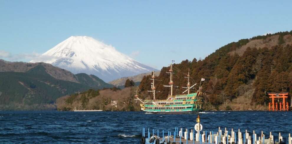 View from Hakone of the Majestical Mount Fuji in the back and a pirate sightseeing Cruise